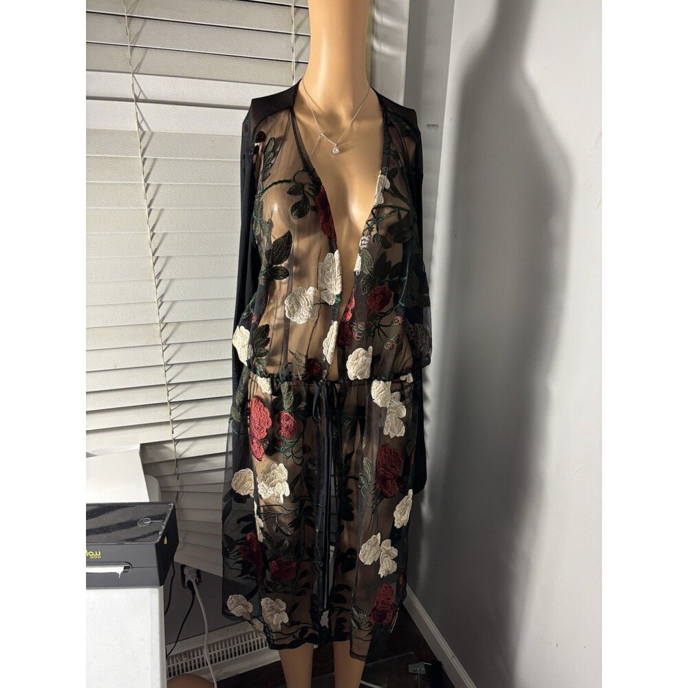 fashion to figure long lace cover up cardigan Black Sheer Embroidered 2X